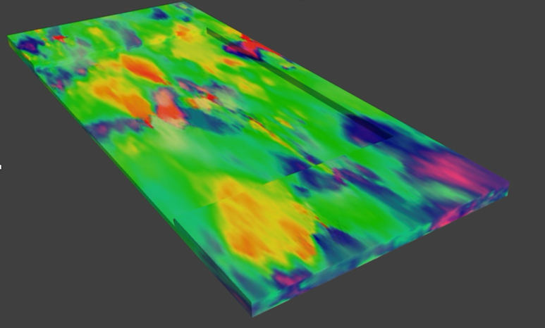 3D map of the microstructure of a deformed materials as determined by x-ray microscopy.